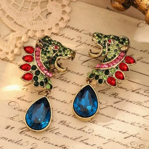 Gold Plated Multi colour rhinestone Lion statement earrings - NEW